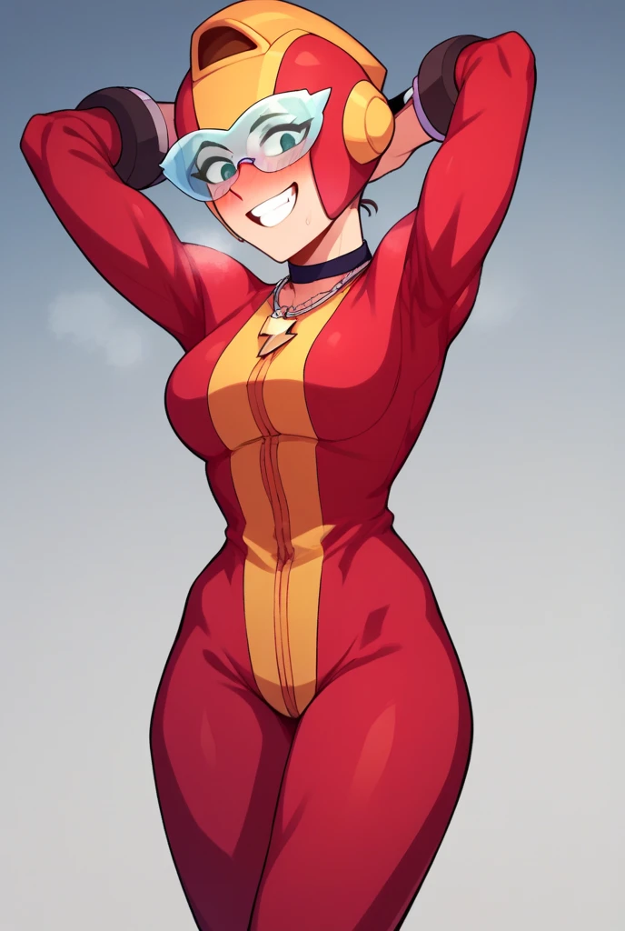 masterpiece , best quality, highres , sarah Miller , , 1girl, (Cammy branco ) , blonde hair ,smug smile , red beret, (Red Head Outfit:1.3), blue eyes, scar on cheek, green leotard, flat chest , sleeveless, red gloves, ultra detailed , Standing,