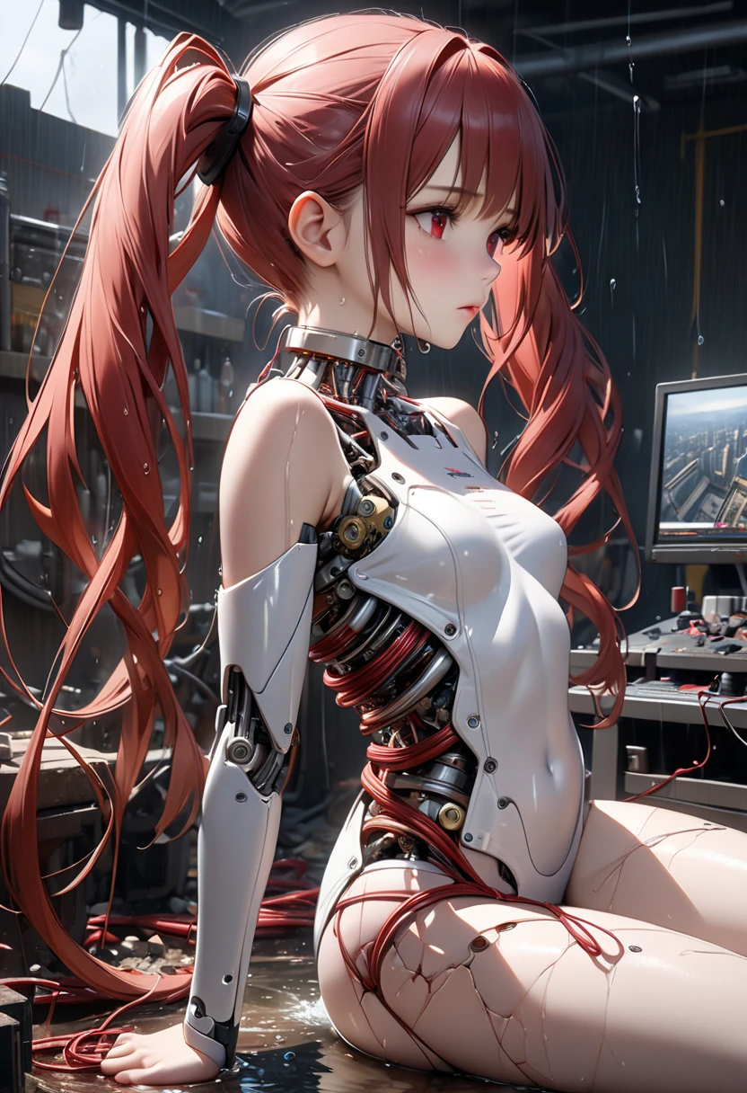 masterpiece, top quality, best quality, official art, beautiful and aesthetic:1.2), (1girl:1.3), extreme detailed, colorful, highly detailed ((ultra-detailed)), (highly detailed CG illustration), ((an extremely delicate and beautiful)),(from side),cinematic light,((1mechanical girl)), solo, full body,(machine made joints:1.2),((machanical limblood vessels connected to her mechanical vertebra),((mechanical cervical attached to her neck)),(sitting attached to a huge Canon),expressionless,(wires and cables attaching to neck:1.2),(wires and cables to her head:1.2)(character focus), wearing a translucent white dress, wearing visor glasses, {{{holding a gun on her left hand}}}, short light red hair, science fiction, futuristic background with neon and billboards (Matrix style),(blood:1.5), [[[highly detailed face!!!]]].