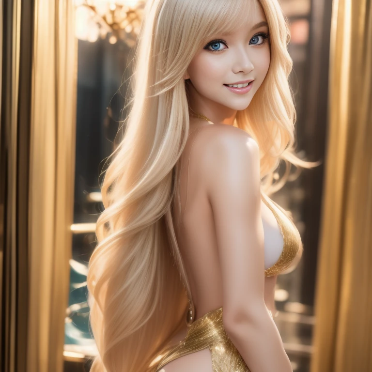 (best quality, extremely detailed, Raw photography,,4k,8k,high res,masterpiece:1.2),ultra-detailed, photorealistic, full body shot,soaked,golden blonde, hair in classic Odango style,Mature and beautiful, realistic portrayal:1.2 Sailor Moon posing as if she’s in a professional music video, smiling.