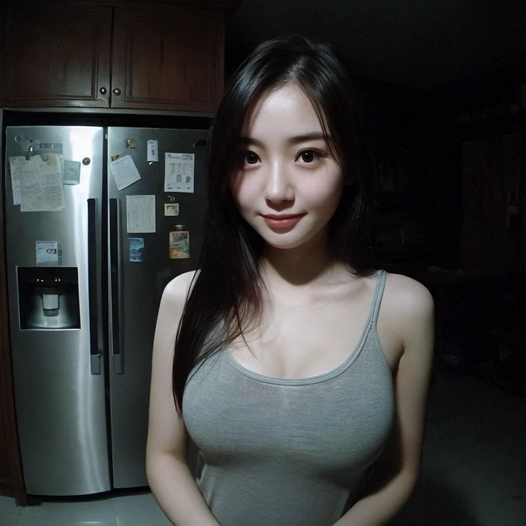 Beautiful, wife of a friend, japanese, voluptuous,  Spaghetti strap mini knit dress, in the kitchen, seductive expression