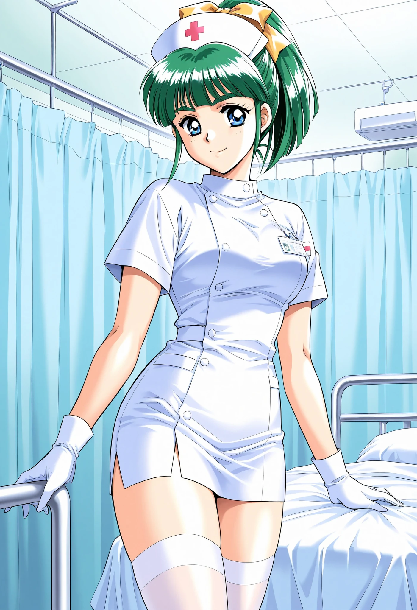 Score_9, score_8_up, score_7_up, source_anime, Iijima_Miyuki(kakyuusei), 1girl, solo, green hair, high ponytail, bangs, short hair, blue eyes, hair ribbon,Yellow ribbon, breasts, thick eyebrows, (best quality), (high quality), {masterpiece}, extremely delicate and beautiful, ultra-detailed, beautiful detailed eyes, nurse, nurse hat, ((white nurse's outfit)), white gloves, white thighhighs, hospital room, smile, closed mouth, standing
