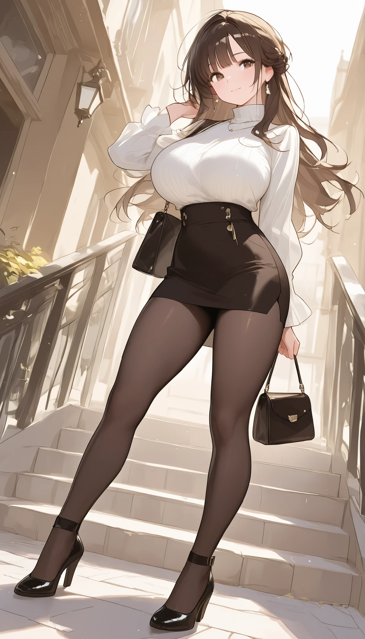 A girl with extremely large breasts,wearing attractive shoes that match the outfit, slightly muscled, dark brown hair