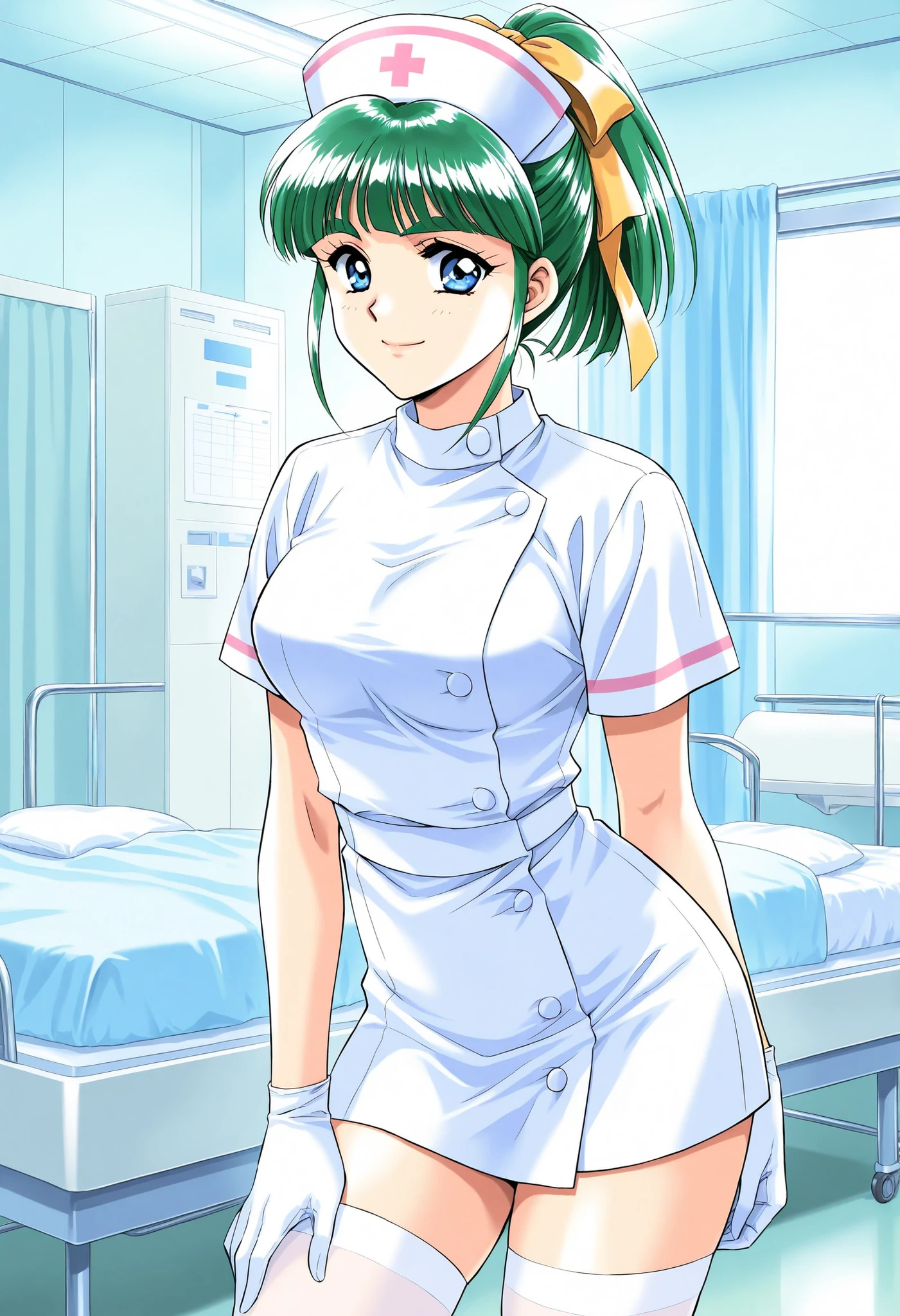 Score_9, score_8_up, score_7_up, source_anime, Iijima_Miyuki(kakyuusei), 1girl, solo, green hair, high ponytail, bangs, short hair, blue eyes, hair ribbon,Yellow ribbon, breasts, thick eyebrows, (best quality), (high quality), {masterpiece}, extremely delicate and beautiful, ultra-detailed, beautiful detailed eyes, nurse, nurse hat, ((white nurse's outfit)), white gloves, white thighhighs, hospital room, smile, closed mouth, standing
