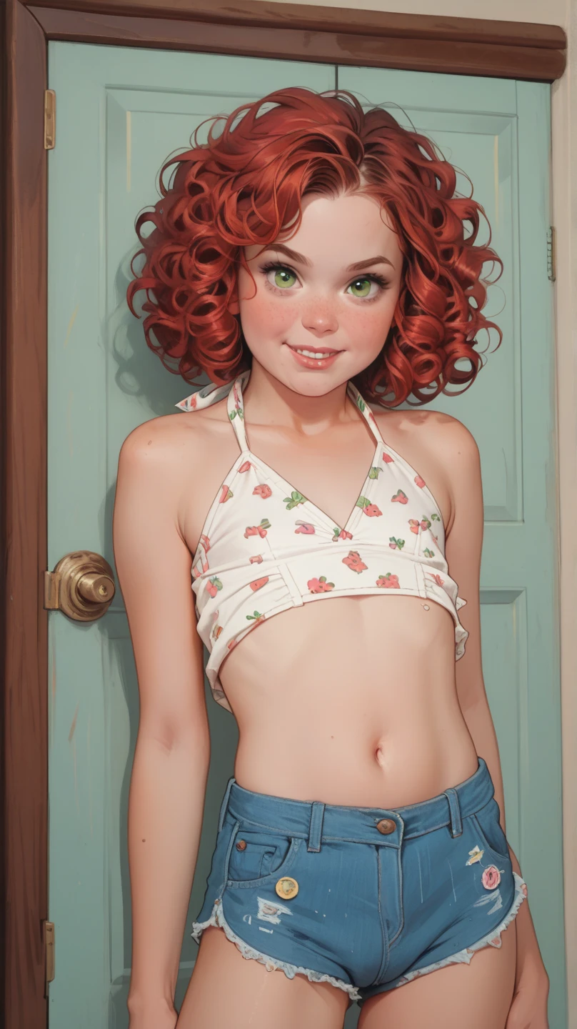 13 year old cute , bra, panties, red hair, green eyes, white skin, freckles on face, big thighs, happy expression, full body, perfect face, thin nose, curly hair