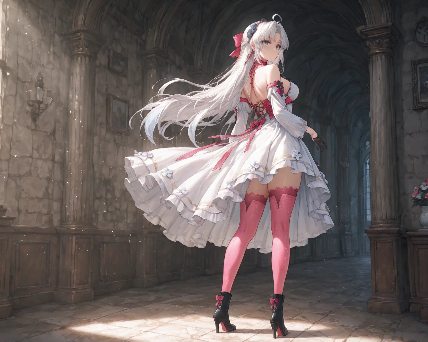 great quality ++ Extremely detailed high resolusionolution, (((very aesthetic))), expressive eyes, (((perfect face))), (((((face symmetrical))))), ((((perfect face)))), (((((good anatomy))))), (((perfect hands))), (((8k)))), UHD, HD wallpaper, (((high detailed calidra, (((((1girl)))))), only, ((((Masterpiece)))), ((((Best quality))))), ((((high resolution)))), Highly detailed, (illustration), beautiful detailed eyes, (((combatant))), (((1girl)))), (((((((illyasviel von einzbern)))))), (((((white hair))))), (((((gothic lolita)))), ((((ponytail)))), (((shalltearcostume))), (((((smile))))), (((frilled dress))), (((dress))), (((lolita fashion))), Long wavy hair, (((red eyes))), (((milfication))), (((mature female))), ((((((gigantic breasts)))))), (((Accurate fingers))), ((((Unnatural hands)))), strange eye, (((walking))), (((female pose))), ((((from the knees to the head)))),
