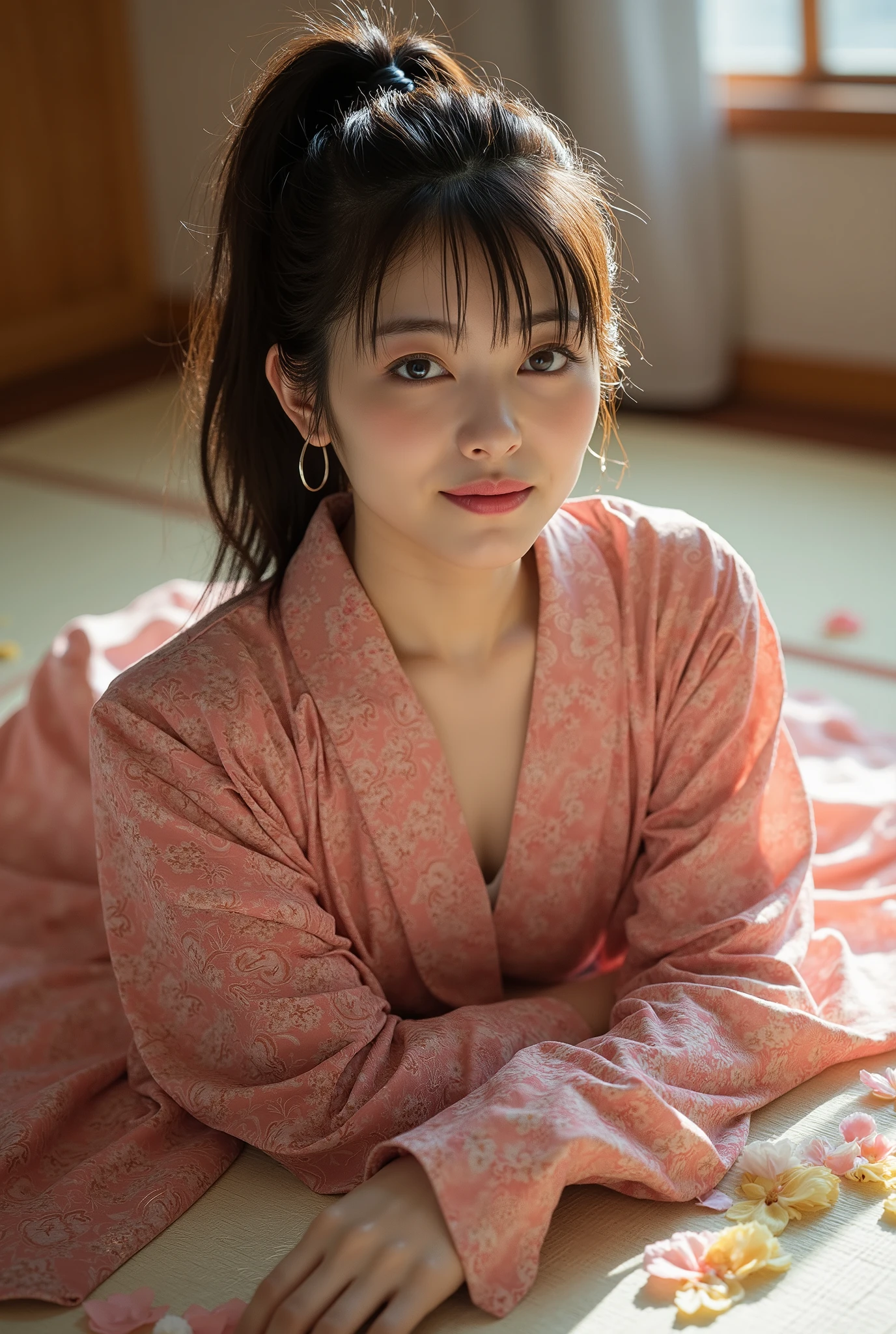 (In the bedroom :1.5),masterpiece、Highest quality、High resolution、Tabletop、wallpaper、Realistic、Bright lighting、Professional Lighting、Face Light、Smooth lighting、Japanese women、Beautiful woman、、Modeled、gravure、sexly、so beautiful、Beautiful Skin、Beautiful and exquisite、Detailed face、slim、Large Breasts、Cleavage 、short hair、Brunette colored hair、Brown eyes、Japanese Kimono、Japanese Yukata、(Eyes closed:1.5)、（Expression of enduring pain:1.5)、（Expression of enduring pain:1.5)、The costume is colorful,Bra is visible,