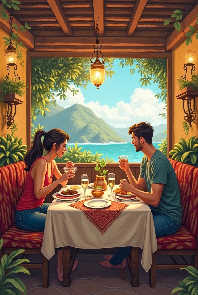 Create a picture of a young couple. 

The man is muscular and has a full beard. He has dark blonde, very short hair. 

The woman has long black hair and wears large designer glasses. She has a sharp nose. 

The couple sits on a roof terrace in Puglia. Both drink coffee from a cup. 