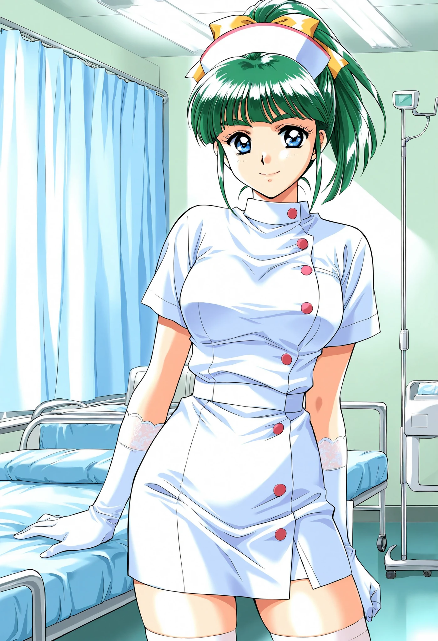 Score_9, score_8_up, score_7_up, source_anime, Iijima_Miyuki(kakyuusei), 1girl, solo, green hair, high ponytail, bangs, short hair, blue eyes, hair ribbon,Yellow ribbon, breasts, thick eyebrows, (best quality), (high quality), {masterpiece}, extremely delicate and beautiful, ultra-detailed, beautiful detailed eyes, nurse, nurse hat, ((white nurse's outfit)), white gloves, white thighhighs, hospital room, smile, closed mouth, standing