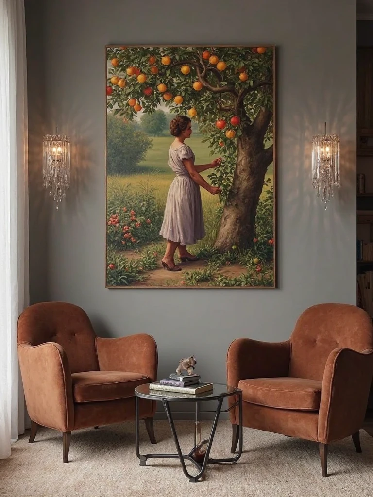 Uma sala, gray wall, frame of an oil painting inspired by the painter John Wiiliam Whaterhouse with a theme: ((a woman in the garden picking fruit from a tree)) Two armchairs in brown tones. small square coffee table with glass top, with a black frame. Um livro, on the table, an L-shaped brown wooden bookcase structure((ele)) with few books, In the corner of the room , on the back side of an armchair. Floor with beige carpet. Crystal-shaped lamps, like pendulums in the center, with lamps on, furniture and decoration convey a retro resemblance. interior lighting , ambiente ((sem janelas)) side view. girl. high quality. POV. intricate details. UHD. Ultra-detailed . Luz natural