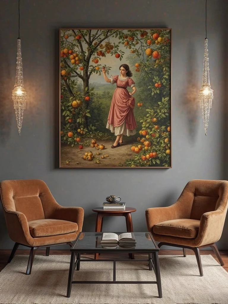 Uma sala, gray wall, frame of an oil painting inspired by the painter John Wiiliam Whaterhouse with a theme: ((a woman in the garden picking fruit from a tree)) Two armchairs in brown tones. small square coffee table with glass top, with a black frame. Um livro, on the table, an L-shaped brown wooden bookcase structure((ele)) with few books, In the corner of the room , on the back side of an armchair. Floor with beige carpet. Crystal-shaped lamps, like pendulums in the center, with lamps on, furniture and decoration convey a retro resemblance. interior lighting , ambiente ((sem janelas)) side view. girl. high quality. POV. intricate details. UHD. Ultra-detailed . Luz natural