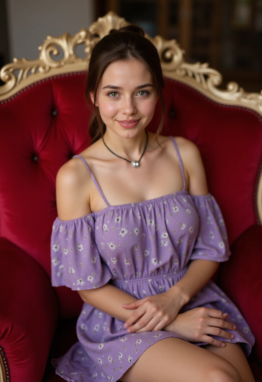 (highest quality,High resolution,In 4K), brown haired woman, young french woman,larger breasts、stylish dark purple dress,bright colors, porcelain skin, Big eyes, Cute smile showing white teeth, charming charm, At a resort, soft lighting, exquisite details,Stylish dark purple dress