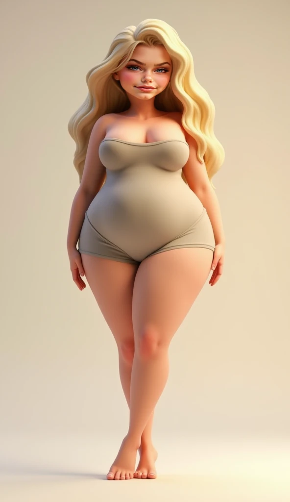 Blonde Caucasian woman with green eyes and a round body in animation style and without clothes