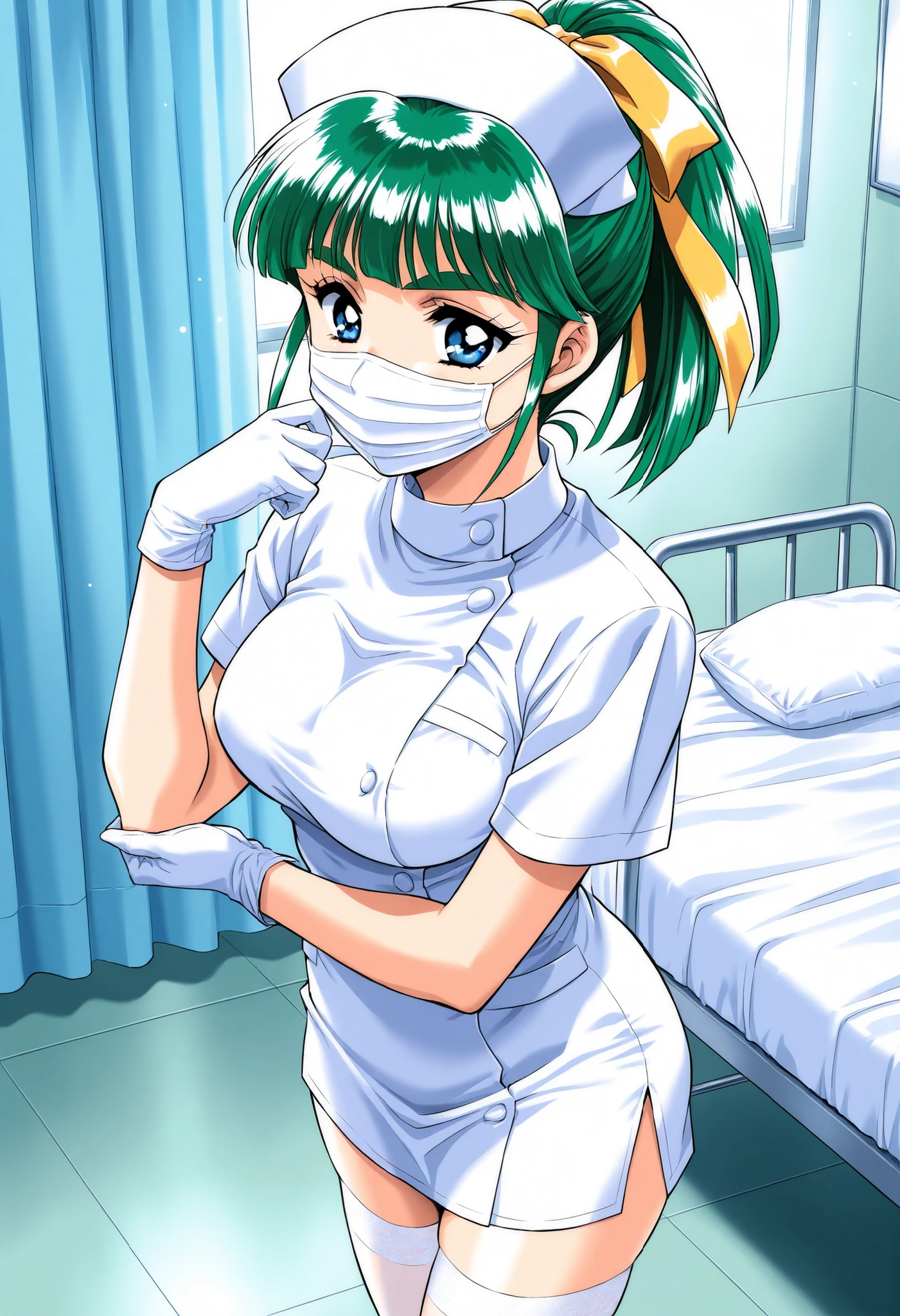NSFW, masterpiece, (best quality: 1.2), long hair, blue eyes, green hair, worns, big breasts, evil_smile, sexy, ((NURSE)), red lipstick, fishnet stocking, ((seducing a boy)), breast-feeding, 1boy, tits fuck