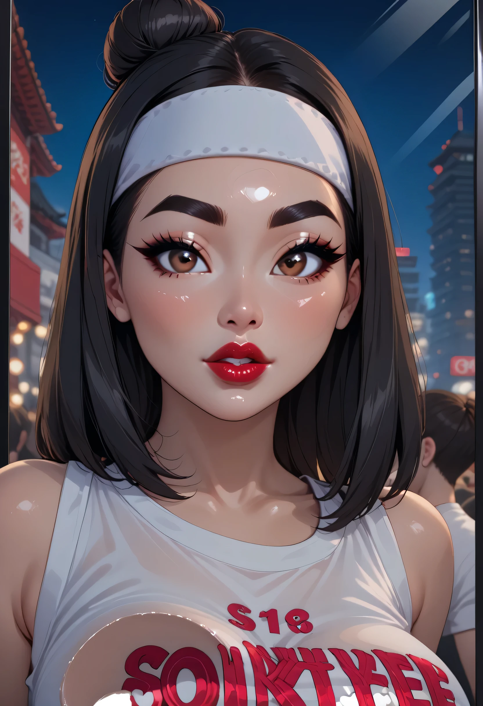 perfect face, black hair, top knot hair bun, (white headband), black eyebrows, thick eyebrows, black eyelashes, black eyeliners, light brown eyes, bright red lips, thick lips, beautiful woman, white tank top, (female asian, asian face), ((on glass))