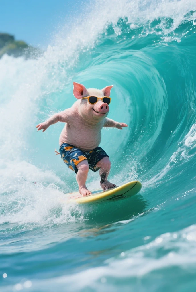 Disney Baymax style, High Quality, (anthropomorphic mens pig), (grab aside a Surfboard),tanned skin, (surf style fashion),Beach background,short foot,smlily,lovely,tiny