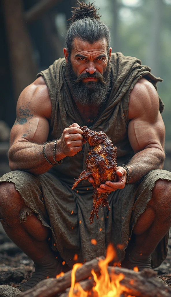 handsome bearded athletic naked man eats raw meat red blood