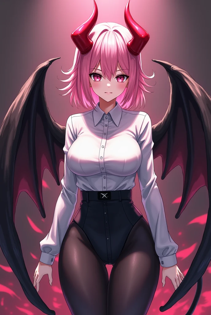 pink hair, anime girl, red eyes, bat wings, fangs,
