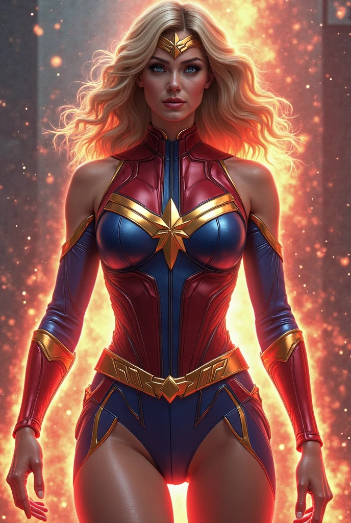 (Best Quality, masterpiece, ultra-detailer, 16K resolution, extremely detailed), Abstract expressionist painting "Hyperion", Captain Marvel, gigantic breasts, large breasts, tarot card, Digital Painting, character concept art portrait, catastrophe, fisheye, magnificent panorama view, overlooking, wind.