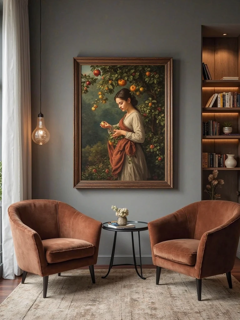 Uma sala, gray wall, frame of an oil painting inspired by the painter John Wiiliam Whaterhouse with a theme: ((a woman in the garden picking fruit from a tree)) Two armchairs in brown tones. small square coffee table with glass top, with a black frame. Um livro, on the table, an L-shaped brown wooden bookcase structure((ele)) with few books, In the corner of the room , on the back side of an armchair. Floor with beige carpet. Crystal-shaped lamps, like pendulums in the center, with lamps on, furniture and decoration convey a retro resemblance. interior lighting , ambiente ((sem janelas)) side view. girl. high quality. POV. intricate details. UHD. Ultra-detailed . Luz natural
