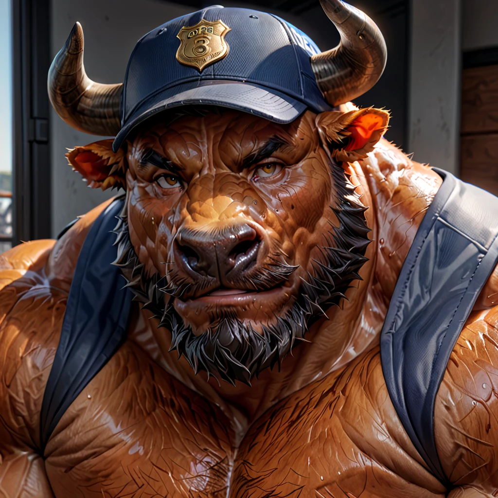 Super muscular boar beastman,Wear a uniform,Blindfold,A desperate and painful look,Mouth wide open with tongue sticking out,Getting cumshot in the face by some guys,(Surrounded by huge, red and black erect penises),(A large amount of semen all over the face),Head grabbed,mouth opener gag