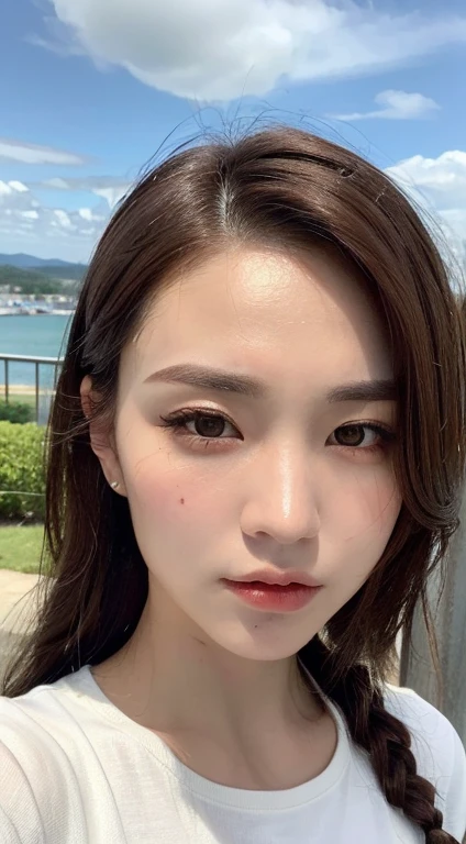 ((Best Quality, 8K, Masterpiece: 1.3)), Sharp: 1.2, Perfect Body Beauty: 1.4, Slim Abs: 1.2, ((Layered Hairstyle, Big Breasts: 1.2)), (Wet White Button Long Shirt: 1.1), (Rain, Street: 1.2), Wet: 1.5, Highly detailed face and skin texture, detailed eyes, double eyelids, side face looking at the camera