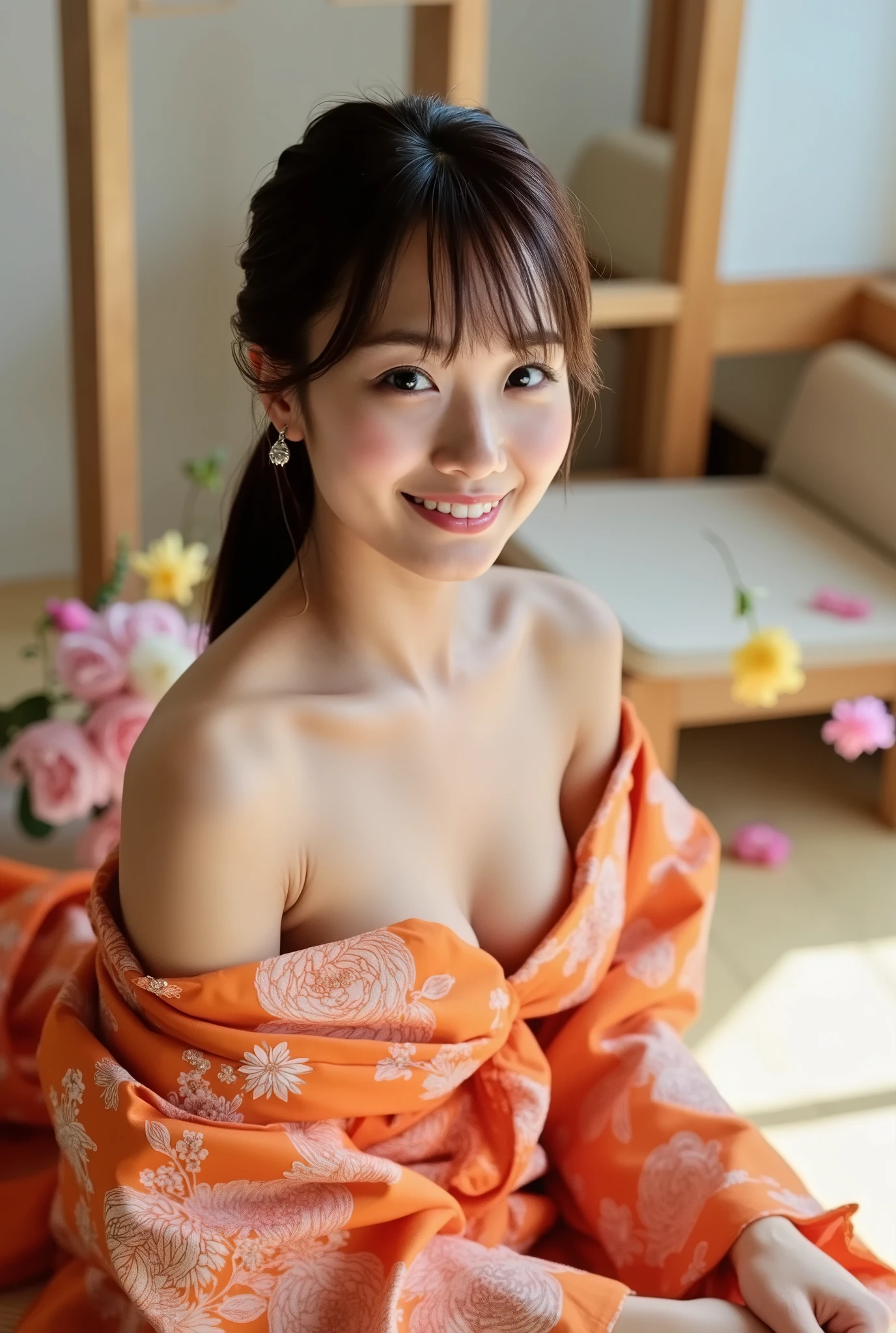 (realistic:1.3), rembrandt lighting, (masterpiece:1.2), (photorealistic:1.2), (highest quality), (fine skin:1.3), (intricate details), ray tracing,1 girl, japanese girl, 21 years old, fine skin texture, (blush:0.5), Scattered beneath the surface, smile, updo hair, bangs, hair between eyes, hair ornaments, kimono, Floral, Wearing edgJF_kimono, Seiza (bright sunny day, autumn setting, autumn tree々and leaves, (zen garden:1.2)