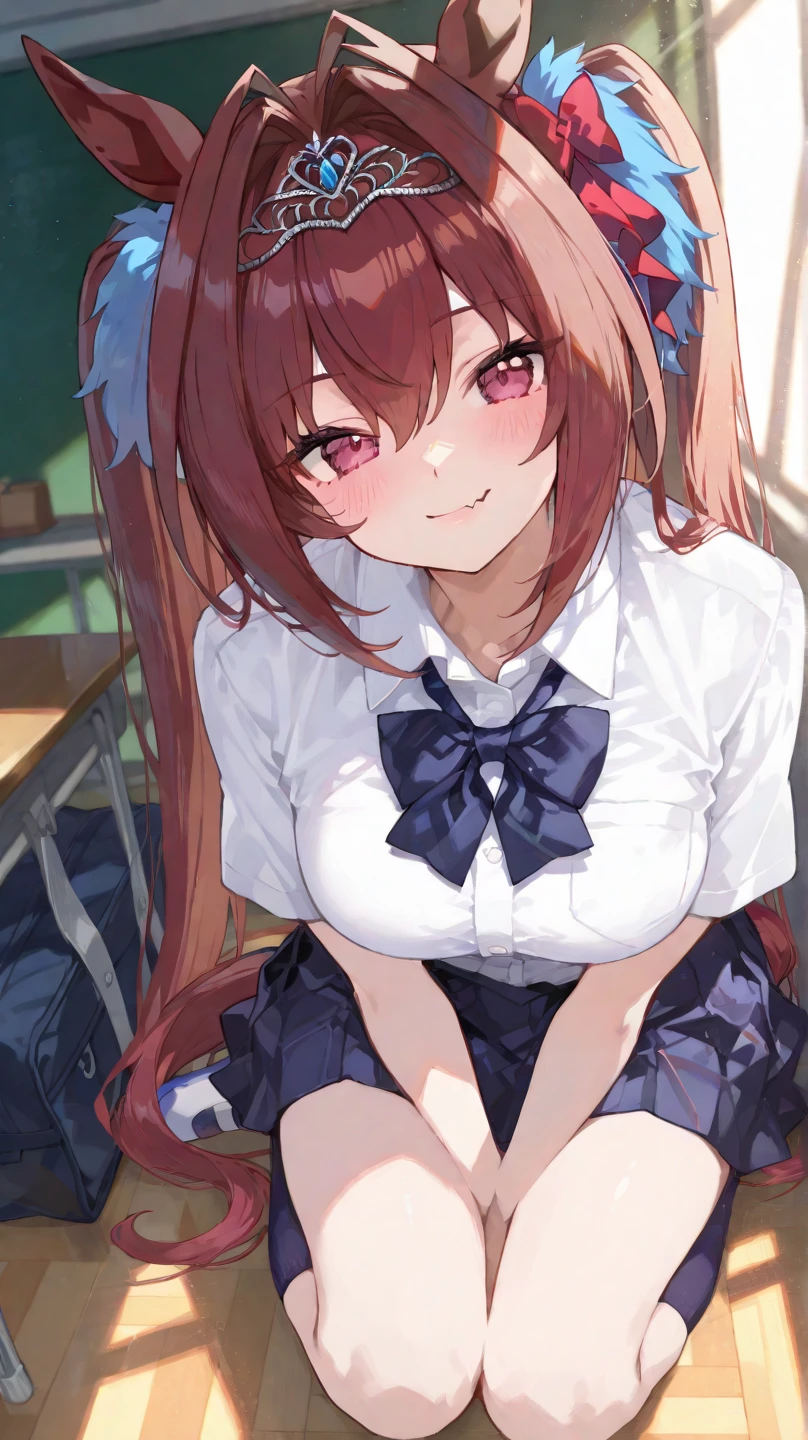 ((highest quality)), ((masterpiece)), (detailed), (Character Focus、breast focus,whole body), Anime 2D Rendering, Realistic young anime woman, Five Fingers, Perfect Face, Beautiful fine details, Beautiful body, Beautiful breasts, Beautiful thighs, (Smaller breasts)、Beautiful feet, (White beautiful skin), Baby Face、 16-year-old girl、One Girl, Redhead、(ponytail、Black Ribbon), ((Collared short-sleeved shirt, White shirt, Blue plaid pleated skirt, Blue tie))、(Black Pantyhose、loafers), Wicked Smile、((Grin))、garden、She turns her face and body towards the viewer,A pretty face and a charming smile,Are standing、