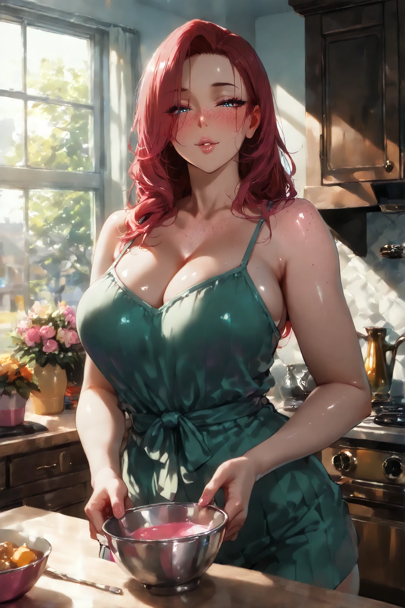 nar_terumi_mei, green eyes, hair over one eye, long hair, large breasts, cleavage, orange hiar, ponytail, ponytail, beautiful, beautiful woman, perfect body, perfect breasts, wearing white pajamas, pajamas, sleepwear, in the kitchen, clear kitchen, looking at the viewer, slight smile, realism, masterpiece, textured skin, super detail, high detail, high quality, best quality, 1080p, 16