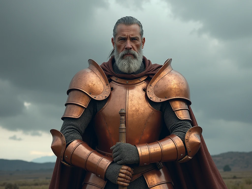 RAW photo, brutal old warrior holding a sword, beard, leather armor, 8k uhd, dslr, soft lighting, high quality, film grain