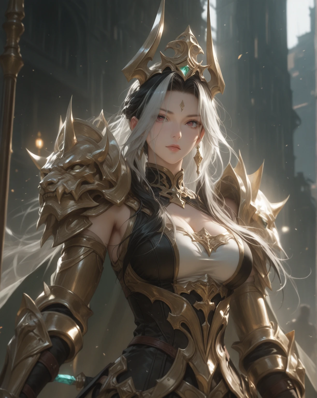 Perfect balance, Anatomically correct, (creation myth: 2.0), (The world of Norse mythology: 1.6), highly stylized, Deviant art, masterpiece, Very detailed, fine grain, expressive fine grain, Detailed pupil, Futuristic, ((Fantasy of the Zero Era)), (God Slayer), Artifact Heavy Armor, (Soul Hunter:1.4), Inkpunk, Fantasy art, Billing equipment, Neo-Victorian, Inkpunk, Paint Tray, Ink splash, (Action pose:1.0), ((Long naginata)), Ragnarok, Apocalypse, 4K, Ultra-high resolution, masterpiece, 1 girl, ((White skin)), Fine grain, Detailed lipstick, Very long hair, Straight hair, Very long hair, Beautiful Hair, Hair Accessories, hair band, Gradient Hair, ((Silver Stockings)), ((Princesswear)), ((Decorated clothing)), ((Runes)), ((Shiny clothes)), ((Silver Lace)), ((Diamond Bracelets)), ((Cleavage)), ((High-cost decorations:1.5)), necklace, Earrings, high intensity lighting, ((Valkyrie)), Beautiful face, Depth of written boundary, Ray Tracing, Ultra-Realistic Details, Elegant Dresses
