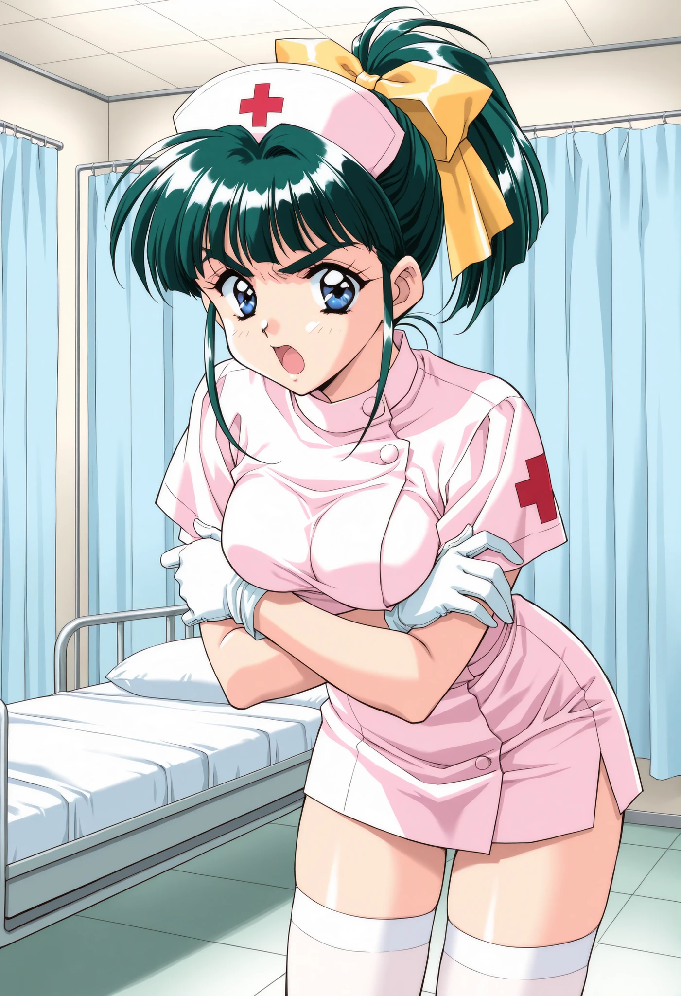 NSFW, masterpiece, (best quality: 1.2), long hair, blue eyes, green hair, worns, big breasts, evil_smile, sexy, ((NURSE)), red lipstick, fishnet stocking, cum shot, (( a girl having sex in a missionary position)), (missionary sex, sex, penis in pussy, pussy out, lying in bed))