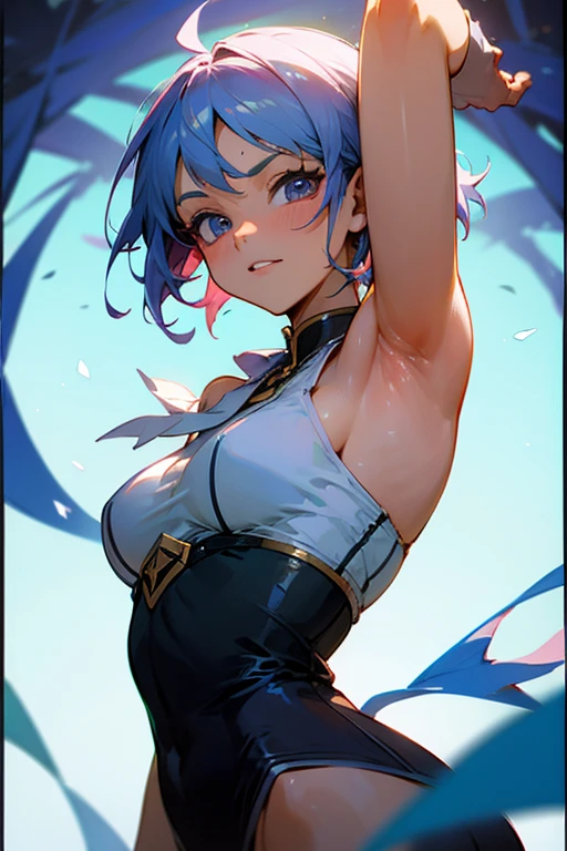 (capcom:megaman)、Volume Lighting、Best Shadows、Shallow depth of field、Portrait of an amazingly beautiful girl、Blue and light blue and white bodysuit、Eyes with eyes as beautiful as stars、open open mouth、Bring out the double teeth、Beautiful medium milk、Blush Eyeshadow、Separate Wear、Navel out、slim waist、Scrap yard、Cityscape dominated by machines、Scrap plant、Outer phase、Outdoor Unit、Energy cannon release、Unleash Rock Buster、(top-quality、Superb Detail:1.25)、(独奏:1.3)、Brilliant Colorful Paintings、short cut hair、sigma、megaman、Zero、Exe、Kamehameha、Wave Fist、Garrick Gun、