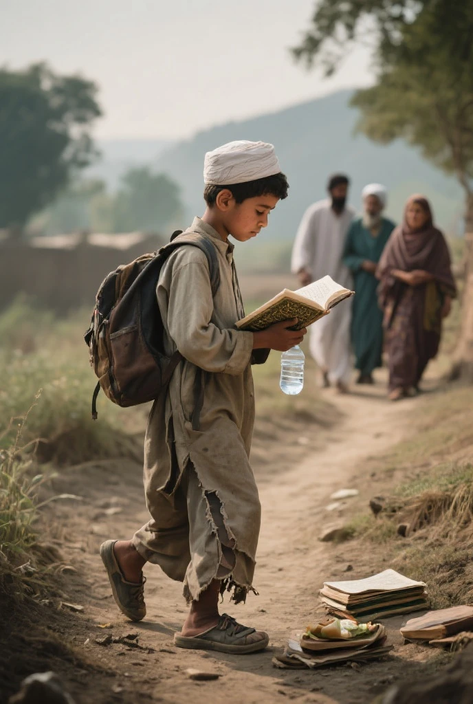 A walking Muslim boy carrying Quran on brodge