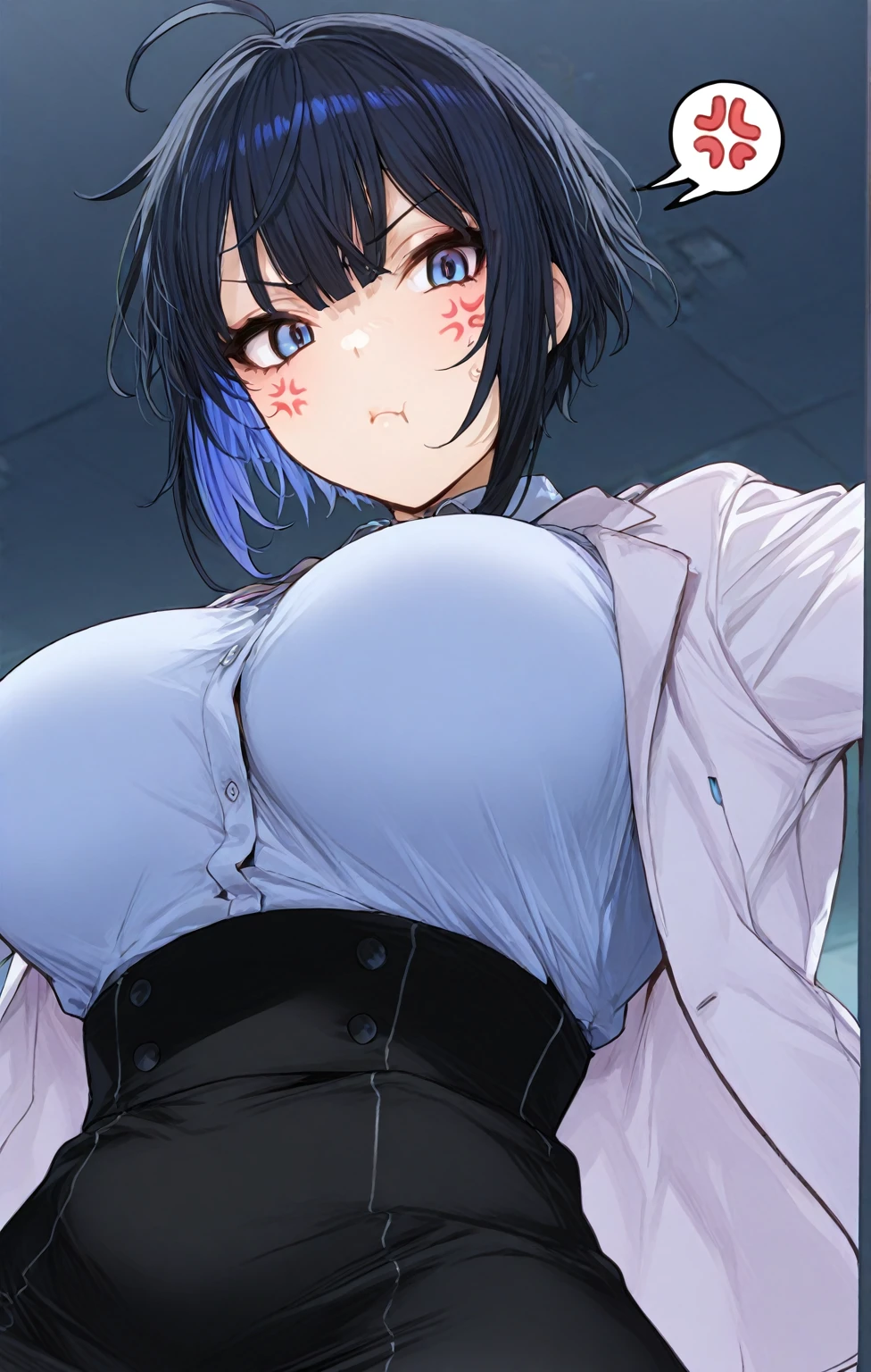 I can see through my clothes、upward glance、big breasts、shortcut、blue hair、round glasses、tits、wet、nipple、背景はmonochrome、make your cheeks red、hand on chest、scratch line, sketch, line drawing, monochrome、Areola is big、embarrassed face、 on chest