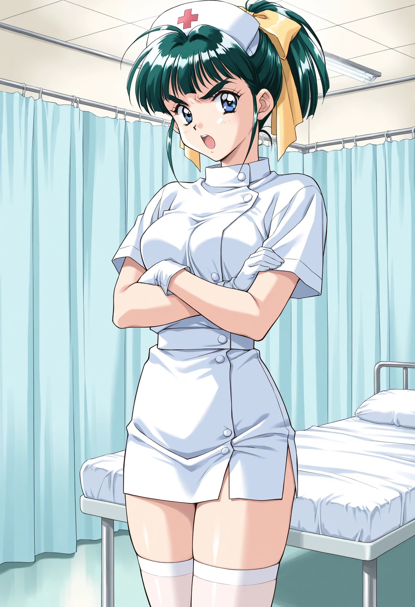 Score_9, score_8_up, score_7_up, source_anime, IijimaMiyuki, 1girl, solo, green hair, short ponytail, blue eyes, Yellow bow, hair bow, bangs, breasts,1990s (style), kadoi aya style, thick eyebrows, (best quality), (high quality), {masterpiece}, extremely delicate and beautiful, ultra-detailed, beautiful detailed eyes, nurse, nurse hat, ((white nurse's outfit)), white gloves, white thighhighs, hospital room, angry, open mouth, crossed arms, standing