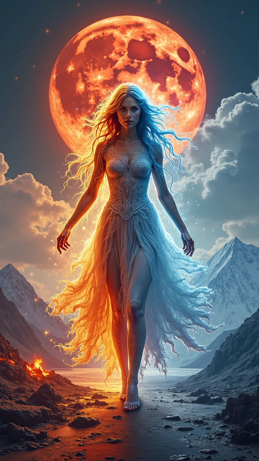 a godlike beautiful woman, whose right side is made of ice and and the left side of fire, stands on a divided landscape that corresponds to the halves of her body, on the right side an arctic landscape, on the left side volcanoes and rivers of lava, she strides towards the viewer, her arms stretched out to the sides, surrounded by magic in the sky a full moon