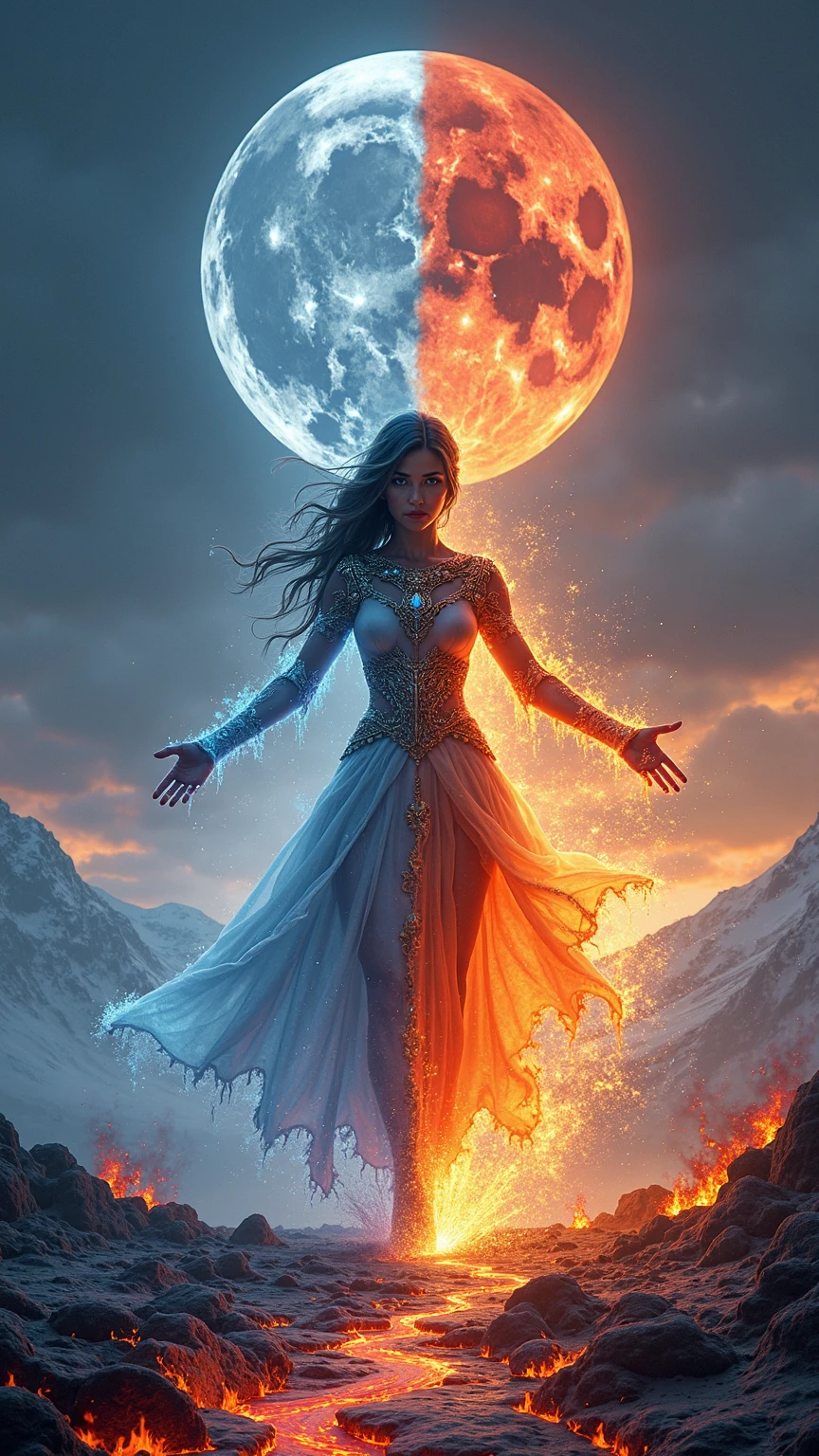 a godlike beautiful woman, whose right side is made of ice and and the left side of fire, stands on a divided landscape that corresponds to the halves of her body, on the right side an arctic landscape, on the left side volcanoes and rivers of lava, she strides towards the viewer, her arms stretched out to the sides, surrounded by magic in the sky a full moon