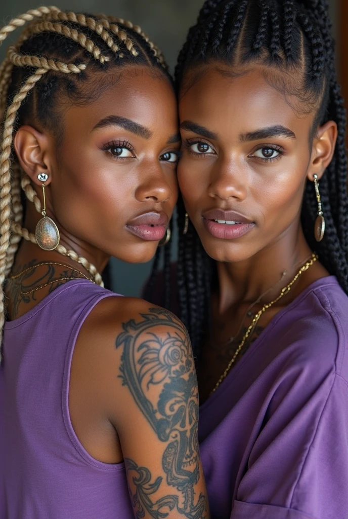 African American 17-year-old with long curly hair (gorgeous with her edges done) with a Mexican 17-year-old with tattoos with a black outfit (he is beautiful)
