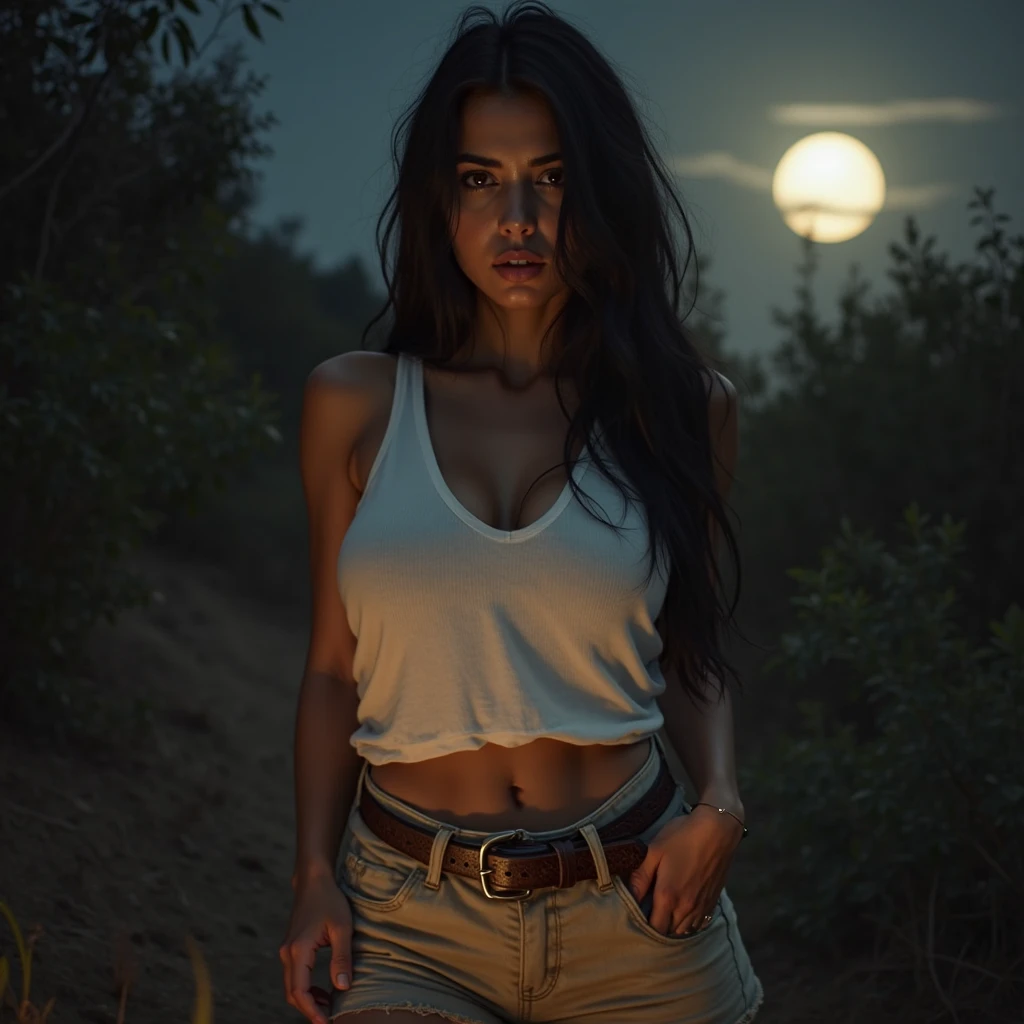 sexiest and hottest girl ever exist,hot seductive face,in sucha cute sexy outfits,dark hair,calm nature,beautiful dark Sky,sexy,light brown clothes
