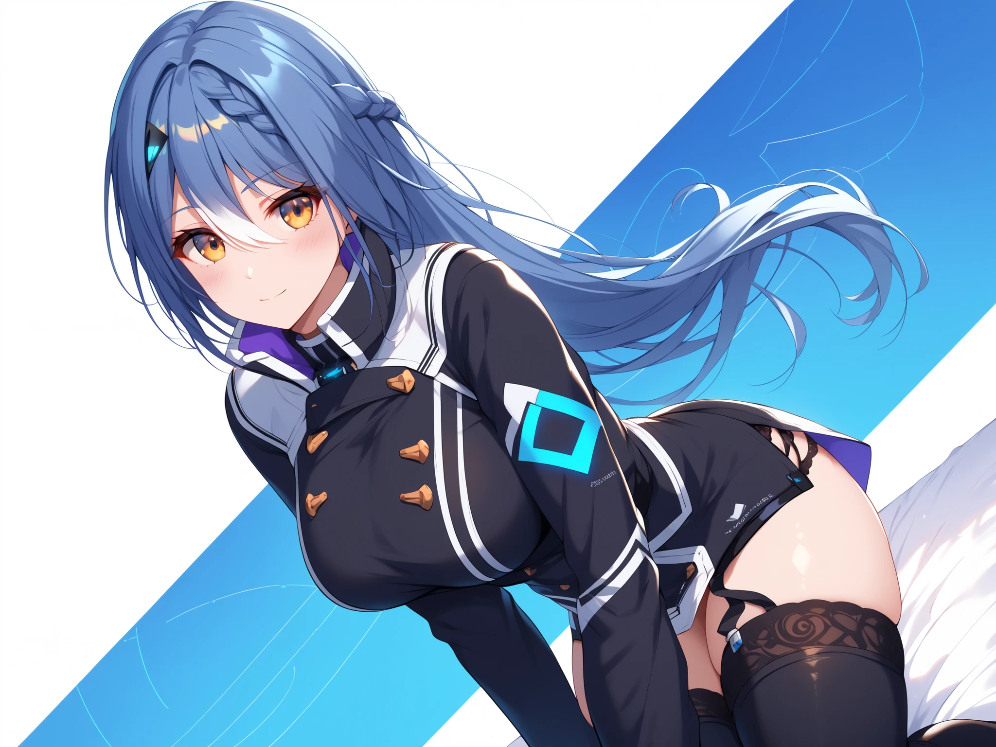 master piece、Best Quality,Super detailed,High resolution,Extremely detailed CG,Unity 8K Wallpaper,weat,score_9, score_8_up, score_7_up, score_6_up, score_5_up, score_4_up, Etra, blue hair, long hair, yellow eyes, white streaked hair, braid, hairclip,Vt_2nd,short dress, black dress, long sleeves, garter straps, thigh boots, black footwear, high collar, ,, mature female,thick thighs,wide hips,bed room,large breasts,curvy figure,,thigh focus,