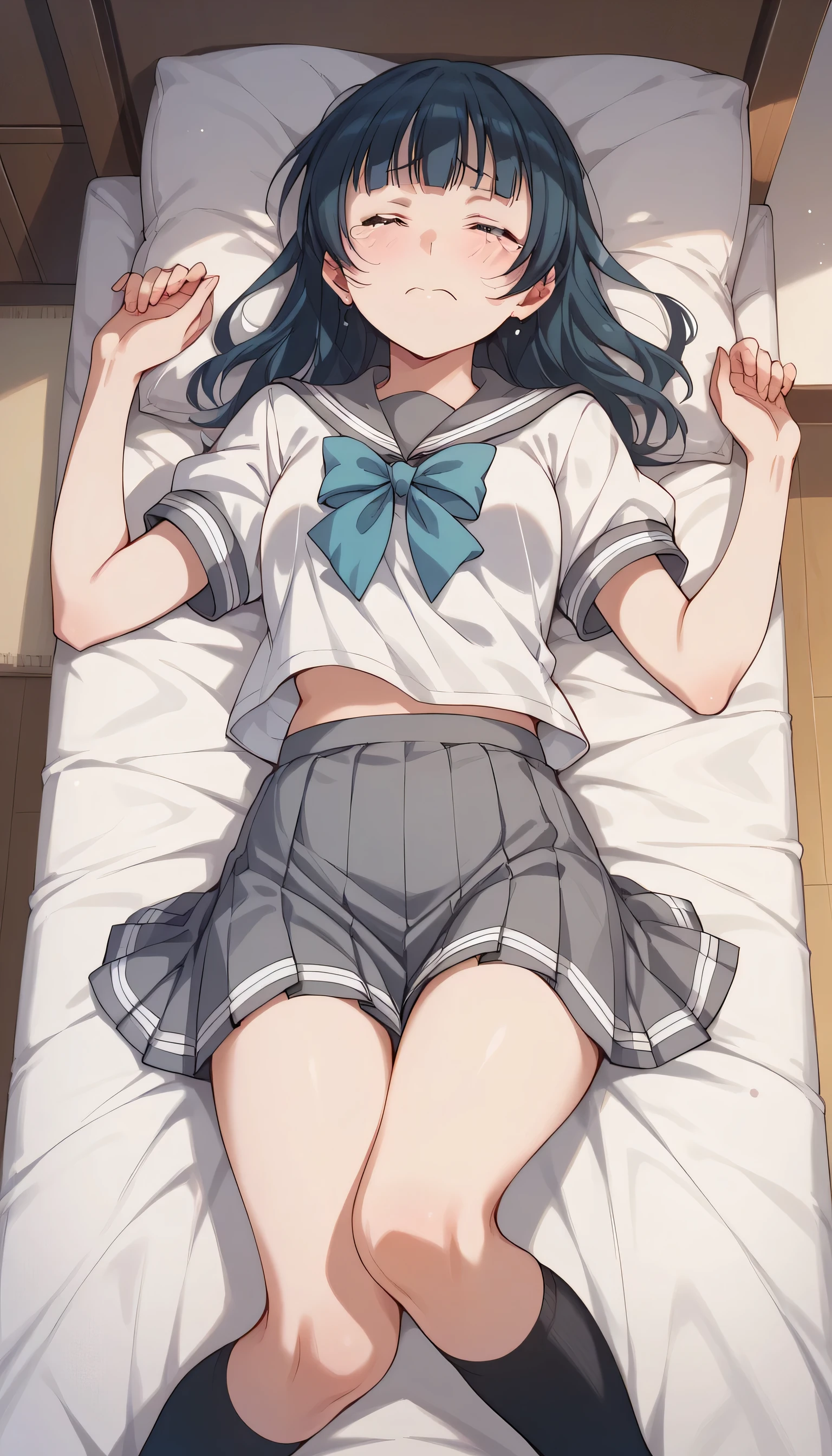 A cheerful and concerned image of Yoshiko Tsushima, with sailor's uniform and short gray skirt with white line, in a room , lying on a bed , eyes closed, open arms, legs together, crying , black socks above the knee,