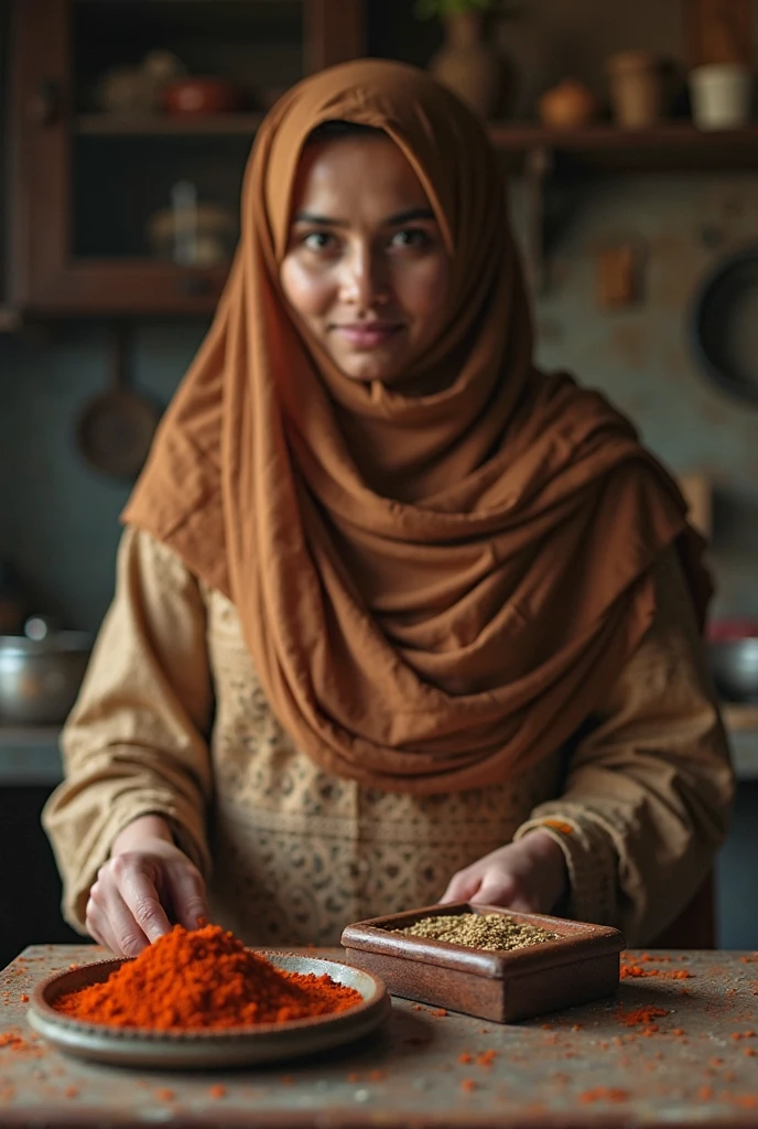 a animation hijabi girl is making hundiya standing in kitchen its back side a window is present , through window a tree is see and midnight time moonlight reflect through window inside things