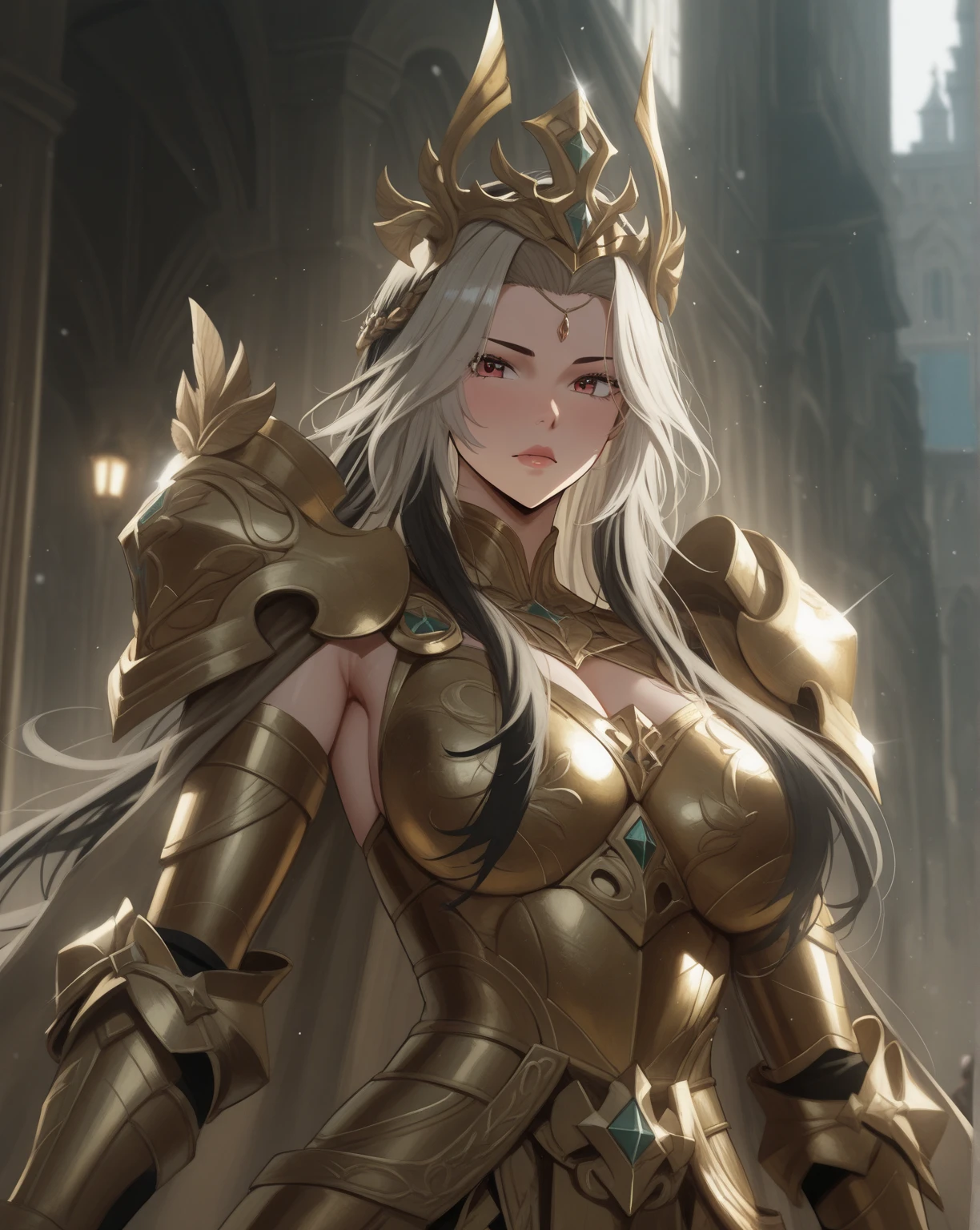 (masterpiece, best quality, perfect face, beautiful and aesthetic:1.2, highest detailed face), (beautiful female warrior, long flowing white hair, (dark skin:1.4), amber eyes, huge breasts, slender waist, plump ass, wide hips, thick tights), (voluptuous body:1.1), (Forest, Castel ruins), extremely detailed eyes, detailed skin, skin pores, ((raveling armor, skimpy armor bikini, gold jewelry)), cinematic lighting, dim light, dimly lit, looking at viewer, (seductive pose:1.4), side view, (solo:1.4), (high quality, CG, 4k, extremely detailed, hyper realism, dramatic light, sharp, HDR)