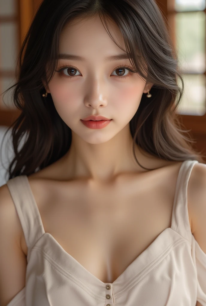 a close-up analog raw candid photo of a most beautiful korean idol woman facing the viewer, wearing a trendy dress sitting in a cafe, the interior design of the cafe is very aesthetic and inside the cafe there are wall decorations (mountain-moon-river-landscape and women) multi-layered cutout paper art style, the background looks very realistic with natural lighting in the room, most impressive image, faces are very detailed and clear, natural lighting, (direct light:0.4), (insanely detailed, bloom:1.5), (highest quality, Alessandro Casagrande, Greg Rutkowski, Sally Mann, concept art, 4k), (analog:1.2), (high sharpness), (detailed pupils:1.1), detailed face and eyes, Masterpiece, best quality, (highly detailed photo:1.1), photographed by Canon EOS R6, 135mm, 1/1250s, f/2.8, ISO 400, Realistic, 8k, ((masterpiece)), looking at the viewer, (detailed), detailed face, white skin