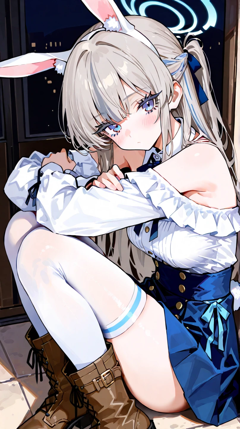 (best quality), (masterpiece),(highres), (lawine_sousounofrieren:1.10), (Lawine), 1girl, closed mouth, small Breasts, (blue playboy bunny: 1.3), (blue fake rabbit ears: 1.3), (black pantyhose), (white high-heels), arms behind back, Carboy shot, standing, lounge, from above