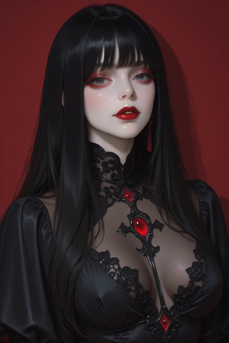 masterpiece, gothic aesthetic, dream atmosphere, ultra realistic, 16k, best quality, absurdres, perfect ???????, 1girl, goth brunette, voluminous silky hair, goth makeup, bright red eyes (intense look), pale-white skin (highlighted), realistic shading, solo, Caera, red eyes, black t-shirt, large natural breasts cleavage, large hips, black mini skirt, tights (realistic textures), pretty seductive, upper body, beautiful girl, happy, inside a medieval castle, different poses at different angles, blurred background, cinematic, Photorealistic.