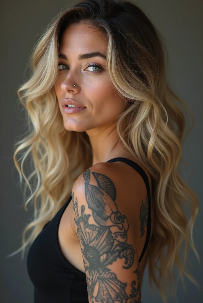 a blonde girl with long wavy hair,beautiful detailed eyes,beautiful detailed lips,extremely detailed face and body,fit athletic body,blonde blue-eyed supermodel,wearing bikini,her body covered in  tattoos written "Vladimir" in cyrillic alphabet,ultra realistic photo,8k,photorealistic,high quality,studio lighting,professional photography....smiling to camera showing middle finger to camera,looking to camera  across the shoulder
