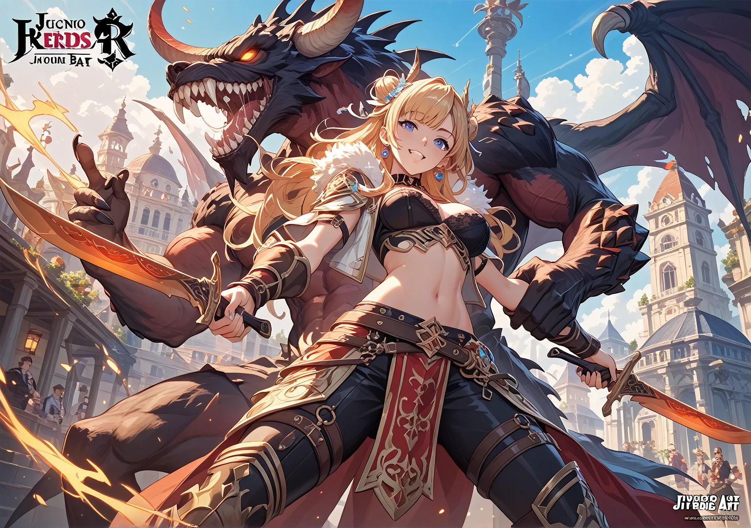 (masterpiece), (best quality:1.4), (perfect anatomy:1.4), high quality, expressive eyes, full body, tall girl, detailed face, beautiful face, perfect face, detailed ((blonde hair)), (green hair), {{pale skin}}, chimera, large breasts, thick thighs, very long hair, bare shoulders, denim, (short shorts), dynamic lighting, high resolution, 4k resolution, dynamic pose, silver jewelry, {fantasy background}, choker, animal ears, cat ears, ((lion ears)), {{snake head tail}}, snake tail, (tail), ((multicolored hair)), thigh-highs, horns, goat horns, dragon horns, curvy, ((monster girl)), heterochromia, red eyes, icy blue eyes, feathered wings, claws, thigh gap, white shirt, brown leather jacket, cowboy hat, midriff, oversized crossbow, crossbow,