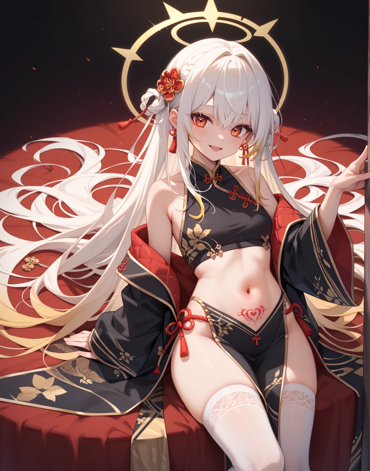 super detailed face, highly detailed eyes, China dress, small breasts, blush, exposed nipples, baby face, beautiful costume, transparent navel, erect nipples, look at me, solid color background, lift the skirt, fine pants, show panties