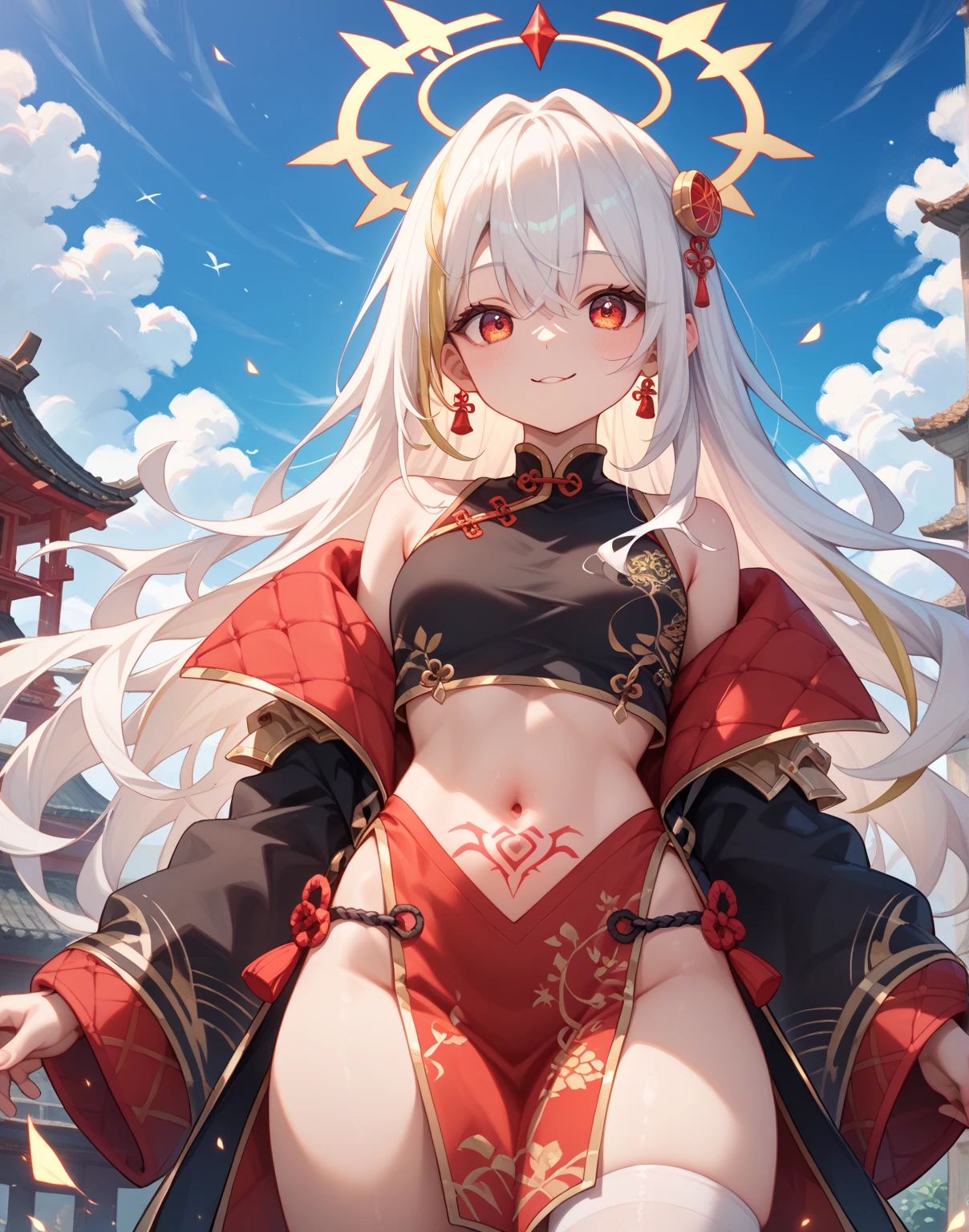 fantasy, 1devil_girl, low_teen, platina_blond_hair,long_bangs, bare_shoulder, navel out, thighhighs,silver_armor, red_wear,waist_armor, Glebe, hold_swords, large_tits, dynamic_floating_pose,Floating,(pelvic_curtain:1.3), silver_Headgear ,looking_down_at_sunrise_city_sky_background,,slightly_spread_legs,solo,horn ,smile,,open_legs,open_arms,rise_knee,rise_leg,rise_thigh,rise_leg,apart_legs,fang,Shiny_gold_eyes,crotch